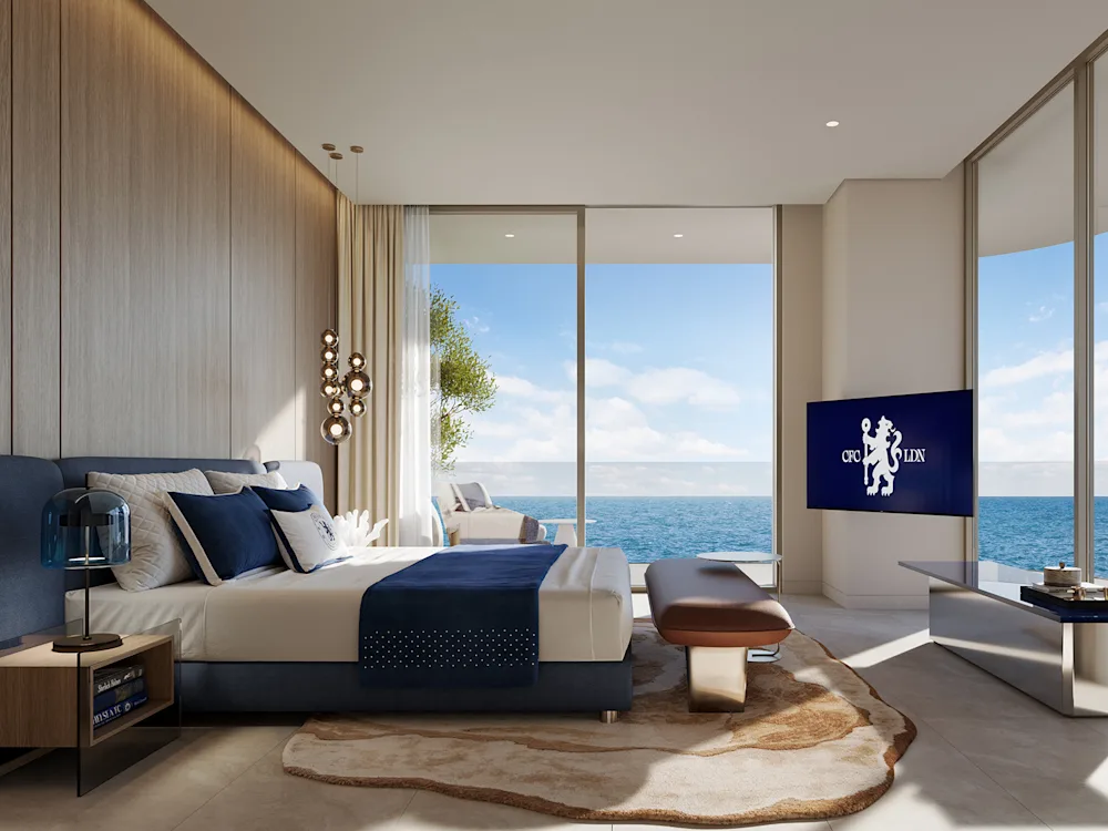 Dubai Blue Beach Towers'ta deniz manzaralı yatak odası