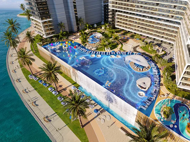 Dubai Maritime City’de sahil kuleleri arasında havuz ve bahçeler - Blue Beach Towers Blue Beach Towers