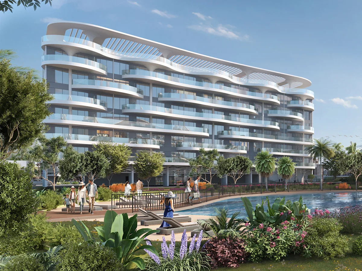 Dubailand'de lagüne bakan kavisli beyaz binalar - Lagoon View Apartments
