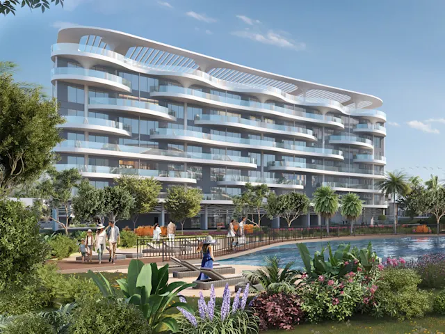 Dubailand’de lagüne bakan beyaz kavisli binalar - Lagoon View Apartments Lagoon View Apartments