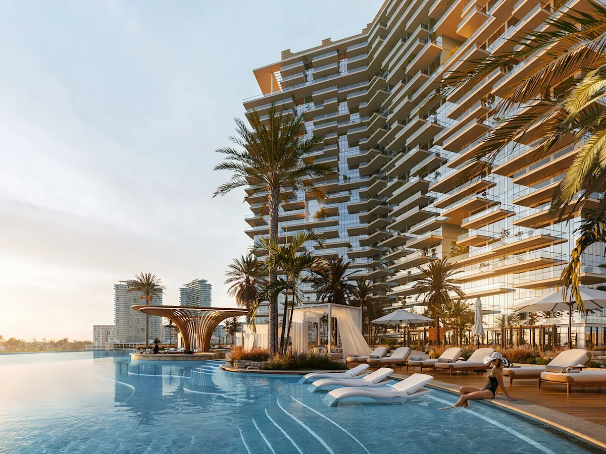 Dubailand'de bahçeler arasında modern konut ve ofis binası - Live-Work District