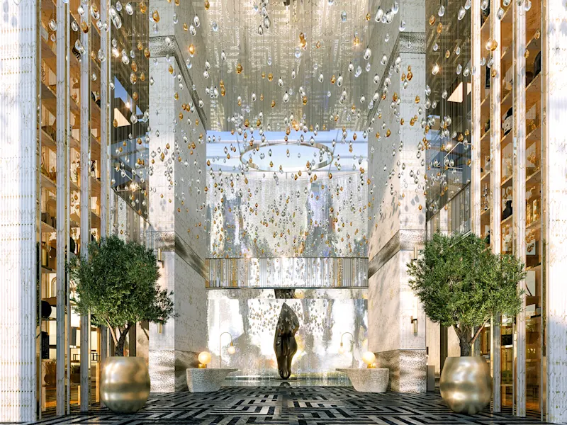 Palm View Tower lobisinde iç mekan şelalesi