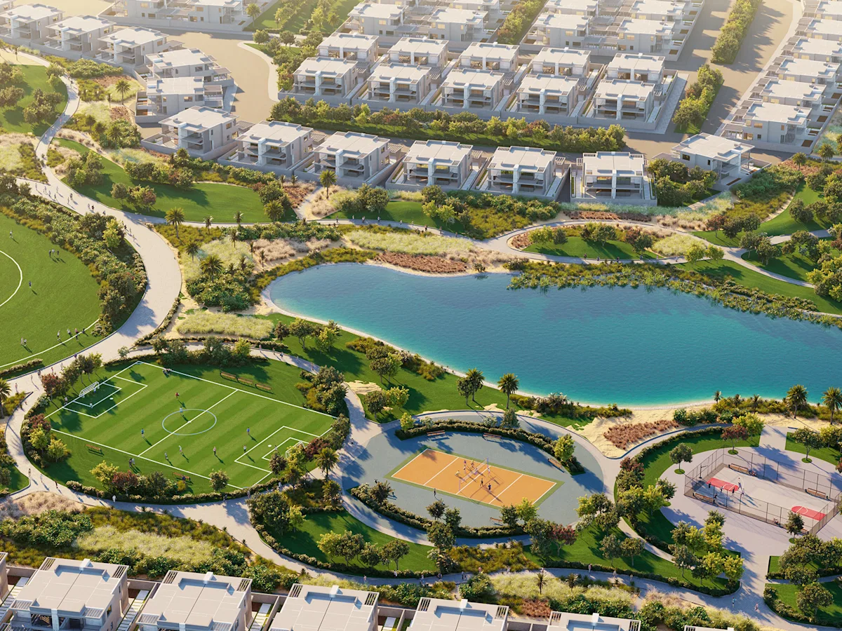 Dubailand'de bahçeler arasında kademeli balkonlu kavisli kule - Garden View Tower