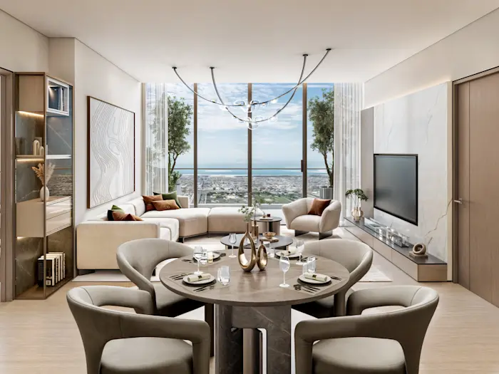 Safa View Tower’te deniz manzaralı salon ve yemek alanı