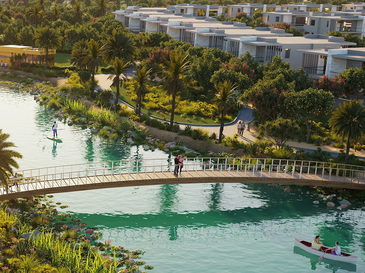 Violet Homes 3 yaşam alanında göl ve köprü
